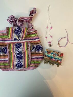 Vibrant Handwoven Mexican Backpack & Artistic Accessory Set